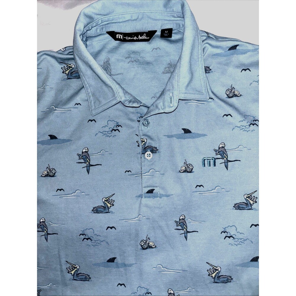 Travis Mathew Going Rogue Polo Shirt Men’s Large Sz M Blue All Over Print Beach